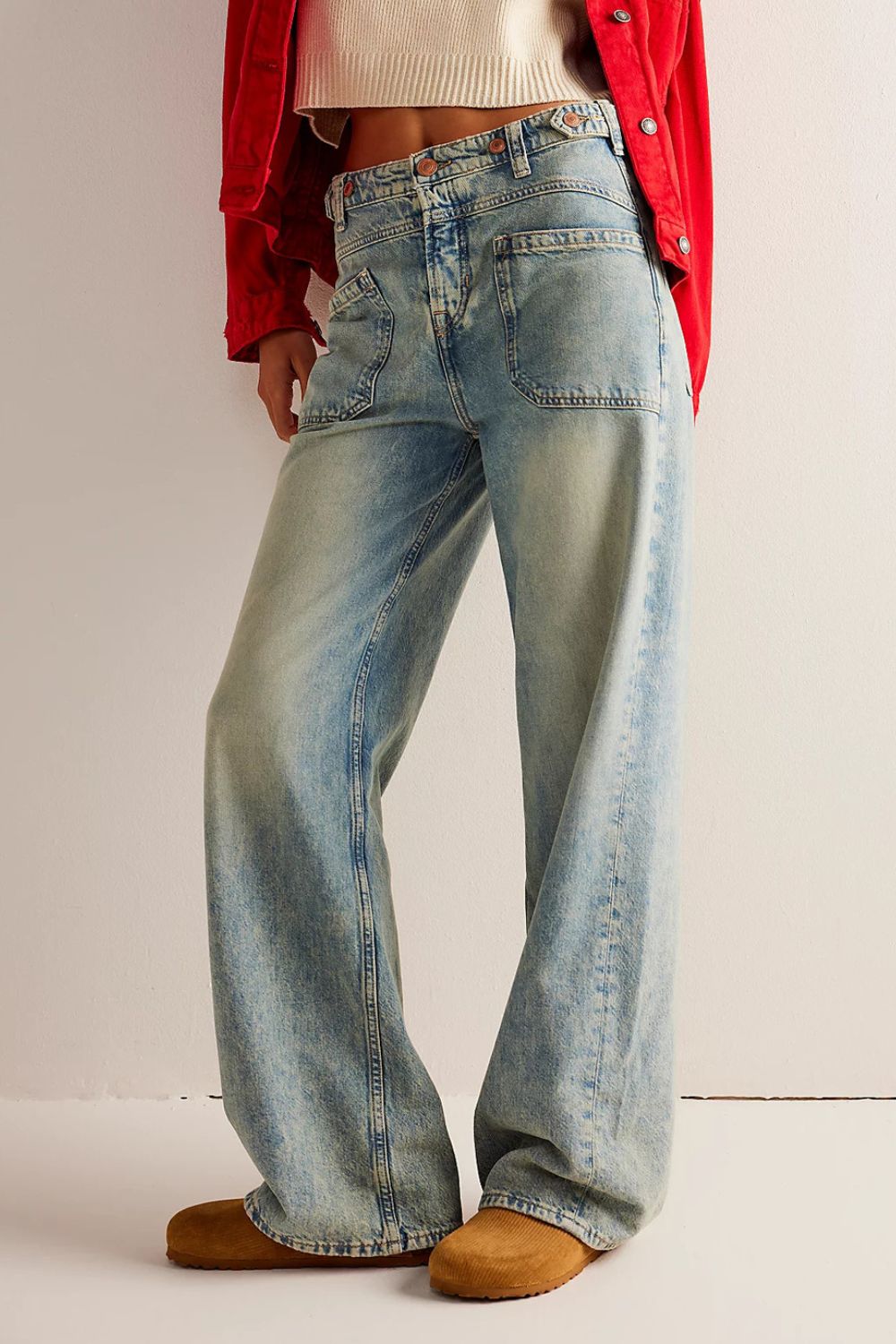 Washed Wide Leg Jeans with Pockets