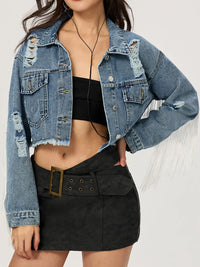 Thumbnail for Distressed Fringe Collared Neck Cropped Denim Top