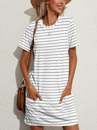 Thumbnail for Pocketed Striped Round Neck Short Sleeve Dress