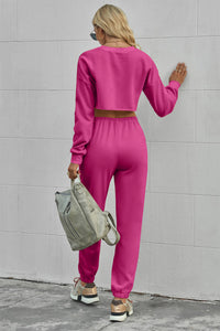 Thumbnail for Round Neck Long Sleeve Cropped Top and Pants Set