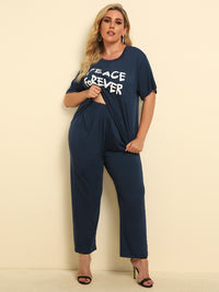 Thumbnail for Plus Size PEACE FOREVER Short Sleeve Top and Pants Set