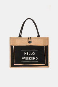 Thumbnail for Fame Hello Weekend Burlap Tote Bag