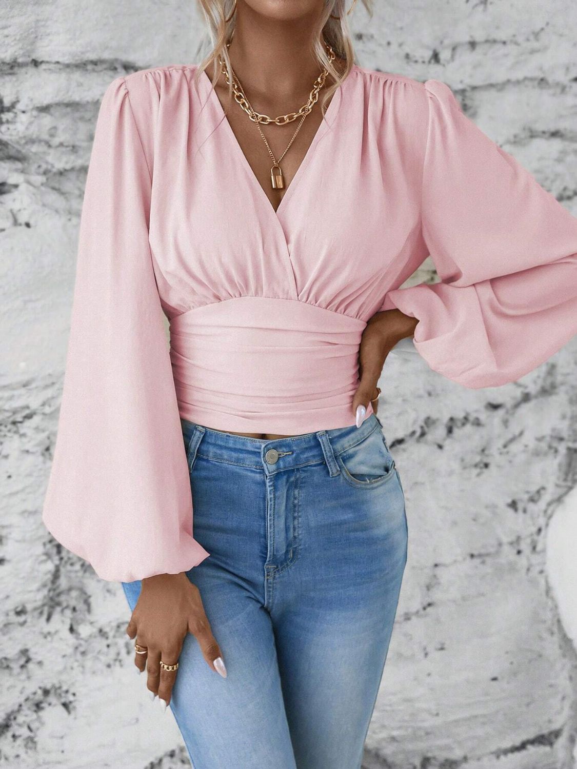 Smocked Surplice Balloon Sleeve Top