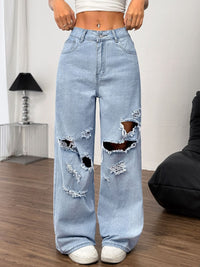 Thumbnail for Distressed Wide Leg Jeans with Pockets