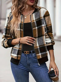 Thumbnail for Plus Size Plaid Baseball Collar Zip Up Jacket