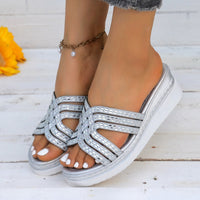 Thumbnail for Rhinestone Open Toe Wedge Sandals