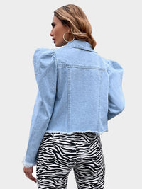 Thumbnail for Raw Hem Collared Neck Puff Sleeve Denim Top