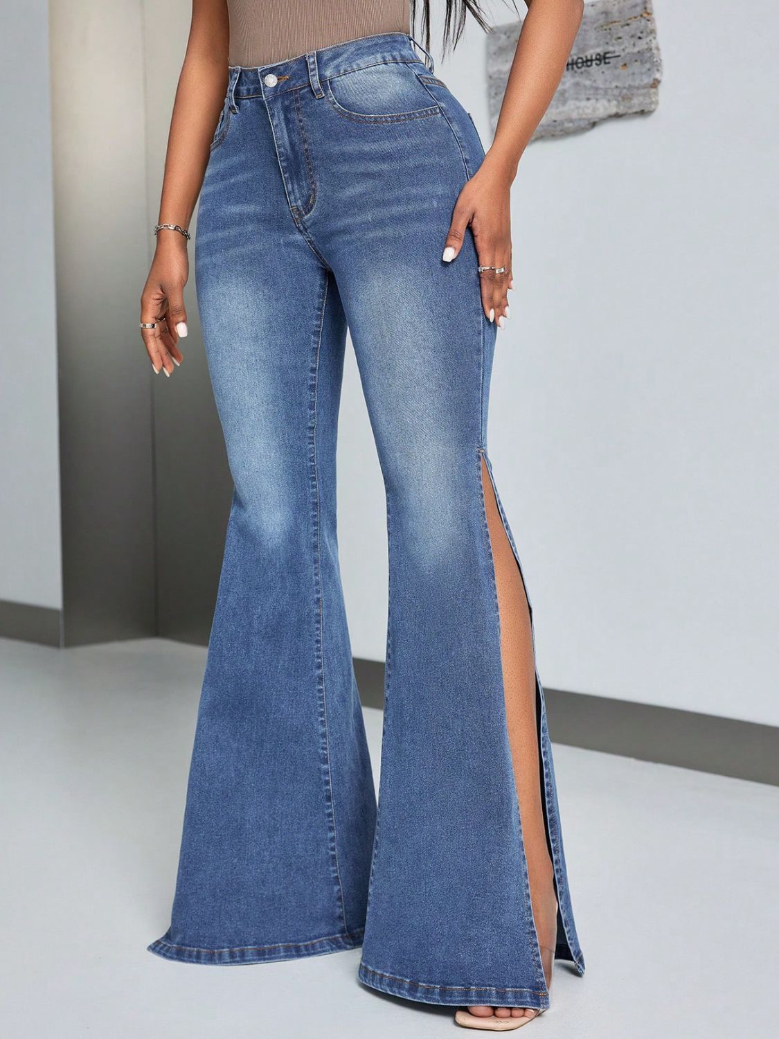 Slit Flare Jeans with Pockets