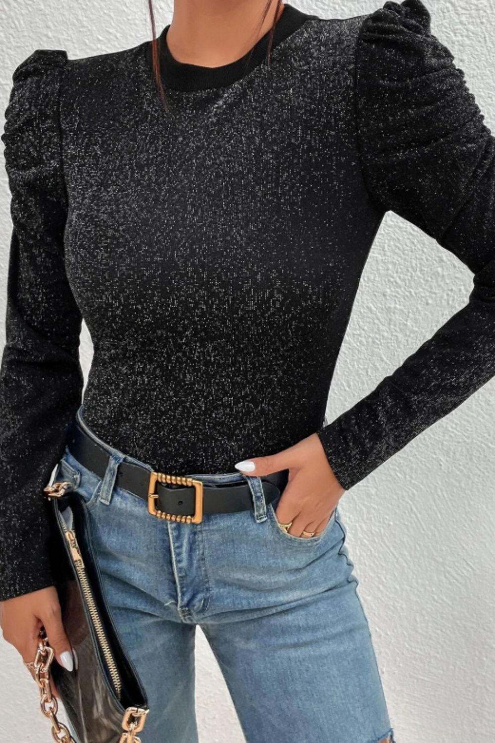 Metallic Round Neck Puff Sleeve Blouse