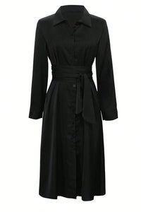 Thumbnail for Collared Neck Long Sleeve Midi Shirt Dress