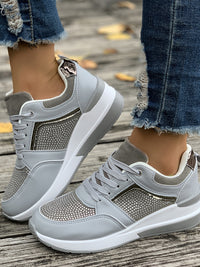 Thumbnail for Lace-Up Rhinestone Wedge Sneakers