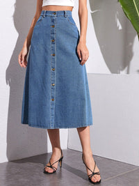 Thumbnail for Buttoned Midi Denim Skirt with Pockets