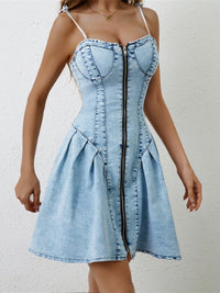 Thumbnail for Ruched Zip Up Spaghetti Strap Denim Dress