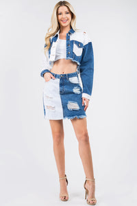 Thumbnail for American Bazi Contrast Patched Frayed Denim Distressed Skirts