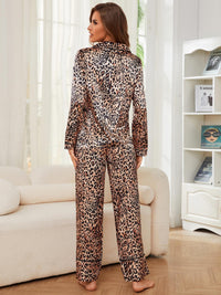 Thumbnail for Leopard Button Up Long Sleeve Top and Pants Lounge Set