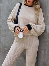 Thumbnail for Contrast Round Neck Long Sleeve Top and Bootcut Pants Set