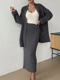 Thumbnail for Pocketed Long Sleeve Cardigan and Skirt Sweater Set