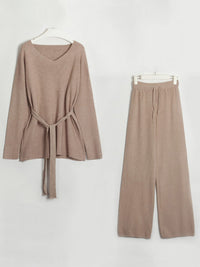 Thumbnail for V-Neck Long Sleeve Top and Drawstring Pants Sweater Set