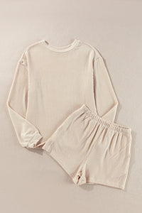 Thumbnail for Round Neck Long Sleeve Top and Shorts Set