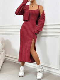 Thumbnail for Ribbed Long Sleeve Cropped Cardigan and Slit Cami Dress Set