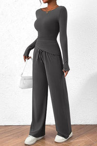 Thumbnail for Round Neck Long Sleeve Top and Pants Set