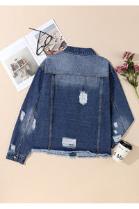 Thumbnail for Plus Size Distressed Button Up Raw Hem Denim Jacket