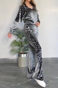 Thumbnail for Full Size Collared Neck Leopard Zip Up Top and Pants Set Plus Size