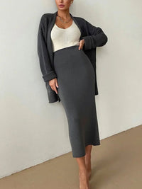 Thumbnail for Pocketed Long Sleeve Cardigan and Skirt Sweater Set