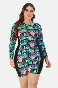 Thumbnail for Plus Size Floral Zip Up  Long Sleeve Short Wetsuit