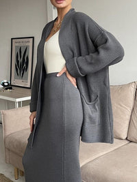 Thumbnail for Pocketed Long Sleeve Cardigan and Skirt Sweater Set