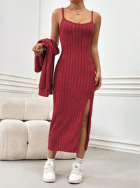 Thumbnail for Ribbed Long Sleeve Cropped Cardigan and Slit Cami Dress Set