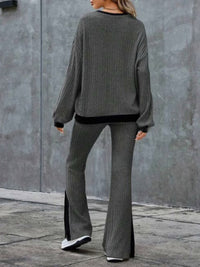 Thumbnail for Contrast Round Neck Long Sleeve Top and Bootcut Pants Set