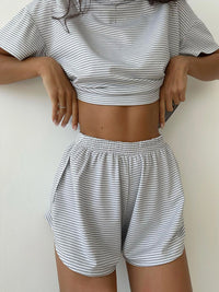 Thumbnail for Striped Round Neck Top and Shorts Set