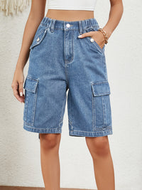 Thumbnail for Buttoned Elastic Waist Denim Shorts with Pockets