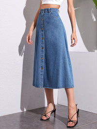 Thumbnail for Buttoned Midi Denim Skirt with Pockets