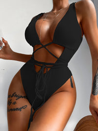 Thumbnail for Ribbed Lace Up One-Piece Swimsuit