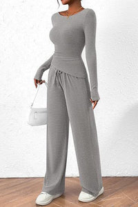 Thumbnail for Round Neck Long Sleeve Top and Pants Set