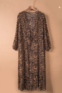 Thumbnail for Leopard Open Front Long Sleeve Cover Up