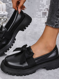 Thumbnail for Bow PU Leather Round Toe Loafers