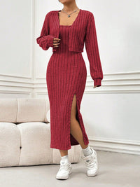 Thumbnail for Ribbed Long Sleeve Cropped Cardigan and Slit Cami Dress Set