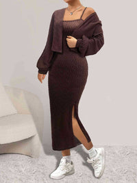 Thumbnail for Open Front Long Sleeve Cardigan and Side Slit Cami Dress Set