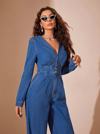 Thumbnail for Plunge Long Sleeve Wide Leg Denim Jumpsuit