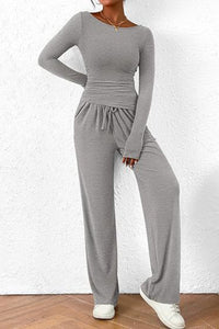 Thumbnail for Round Neck Long Sleeve Top and Pants Set