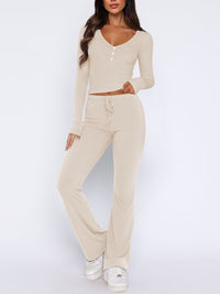 Thumbnail for V-Neck Long Sleeve Top and Pants Set