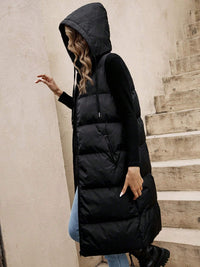 Thumbnail for Drawstring Zip Up Hooded Longline Vest Coat