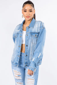Thumbnail for American Bazi Graphic Distressed Long Sleeve Denim Jacket