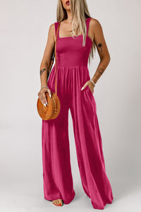 Thumbnail for Smocked Square Neck Wide Leg Jumpsuit with Pockets