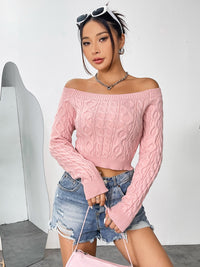 Thumbnail for Cable-Knit Off-Shoulder Long Sleeve Knit Top