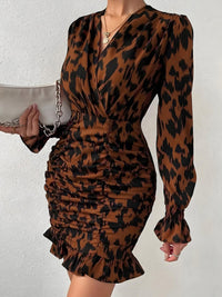 Thumbnail for Ruched Ruffled Leopard Surplice Long Sleeve Dress