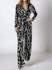 Thumbnail for Full Size Leopard Tie Waist Long Sleeve Jumpsuit Plus Size